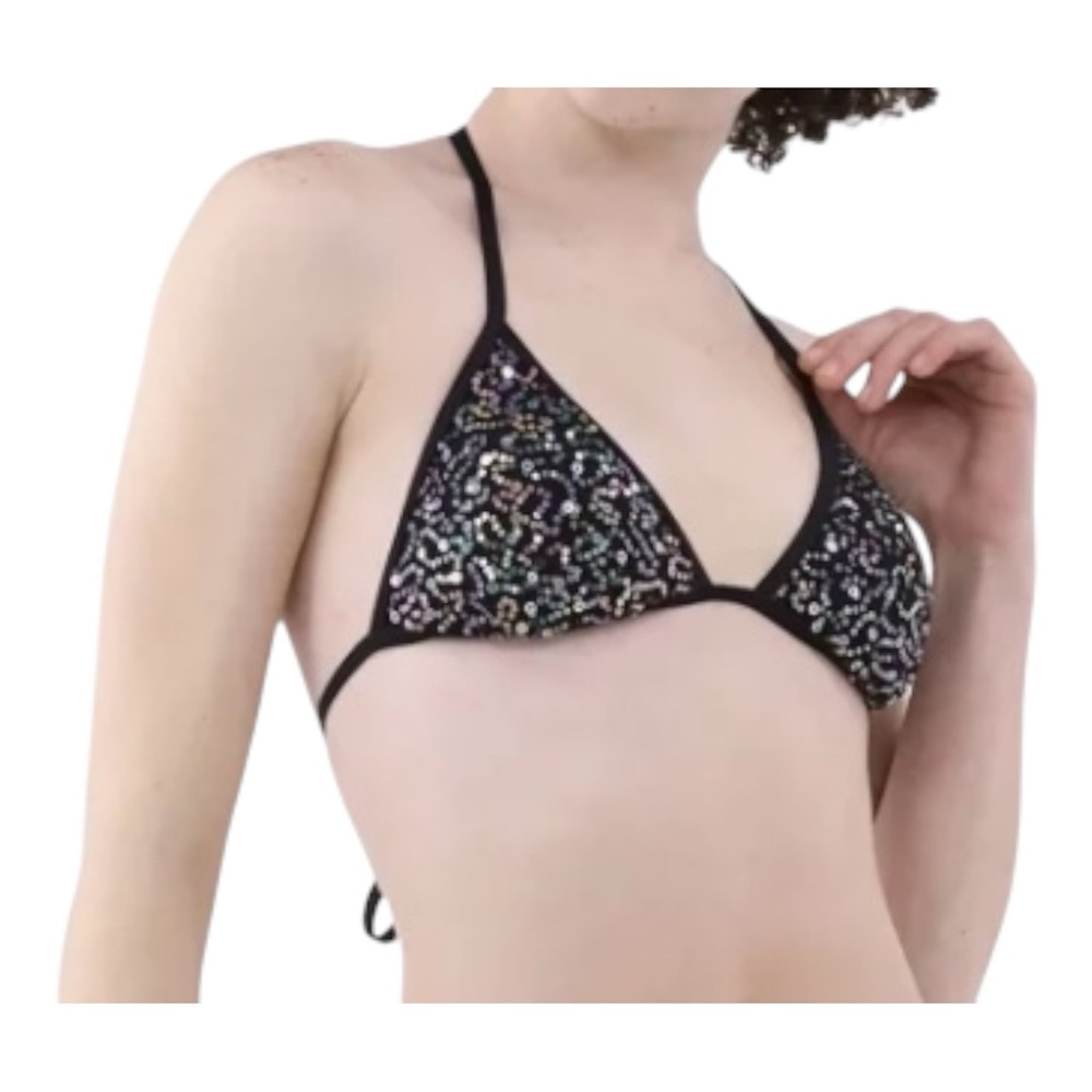 No Boundaries Sequin Black Triangle Fashion Separates Bikini Top Size XS (0-2)